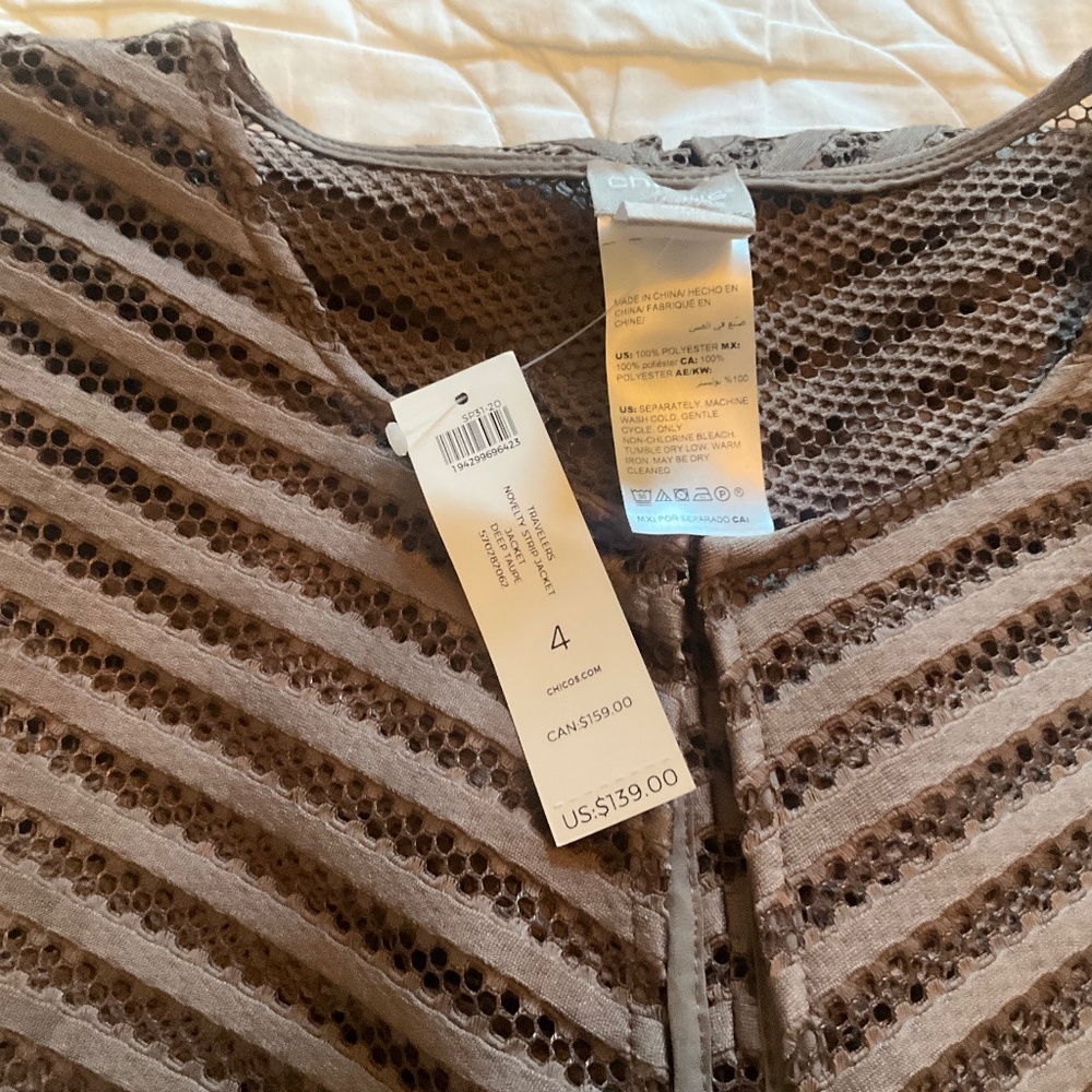 NWT~CHICO’S size 4 xxl Women Deep Taupe Travelers Novelty Strip Jacket